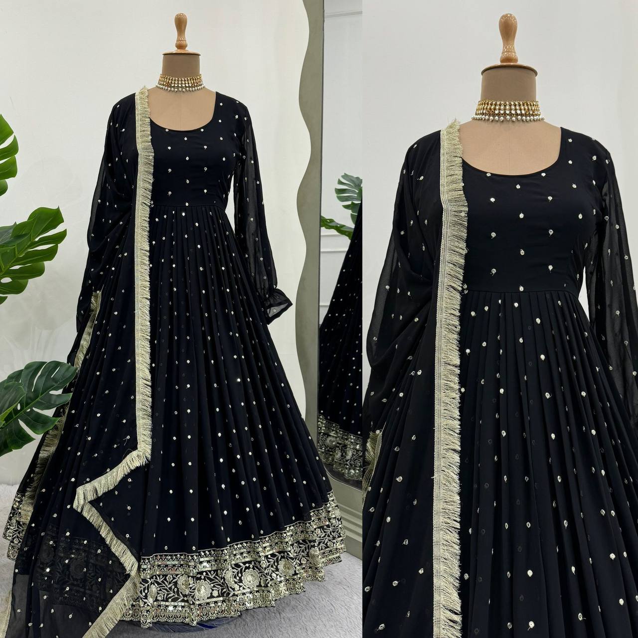 Amazing Black Colour Georgette Fabric Thread Work Anarkali Suit