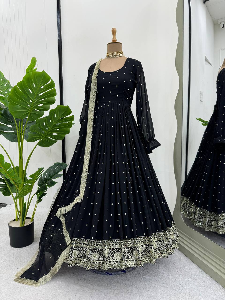 Amazing Black Colour Georgette Fabric Thread Work Anarkali Suit