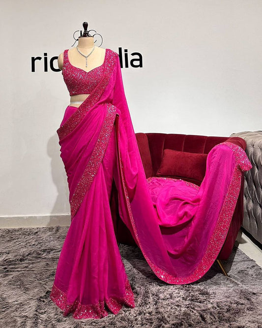 Beautiful Pink Colour Tabby Silk Sequences Work Saree