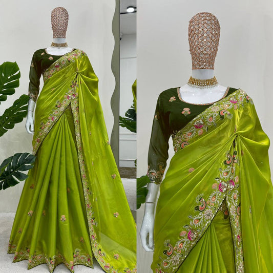 Designer Green Colour Jimmy Chhu Silk Sequences Work Saree