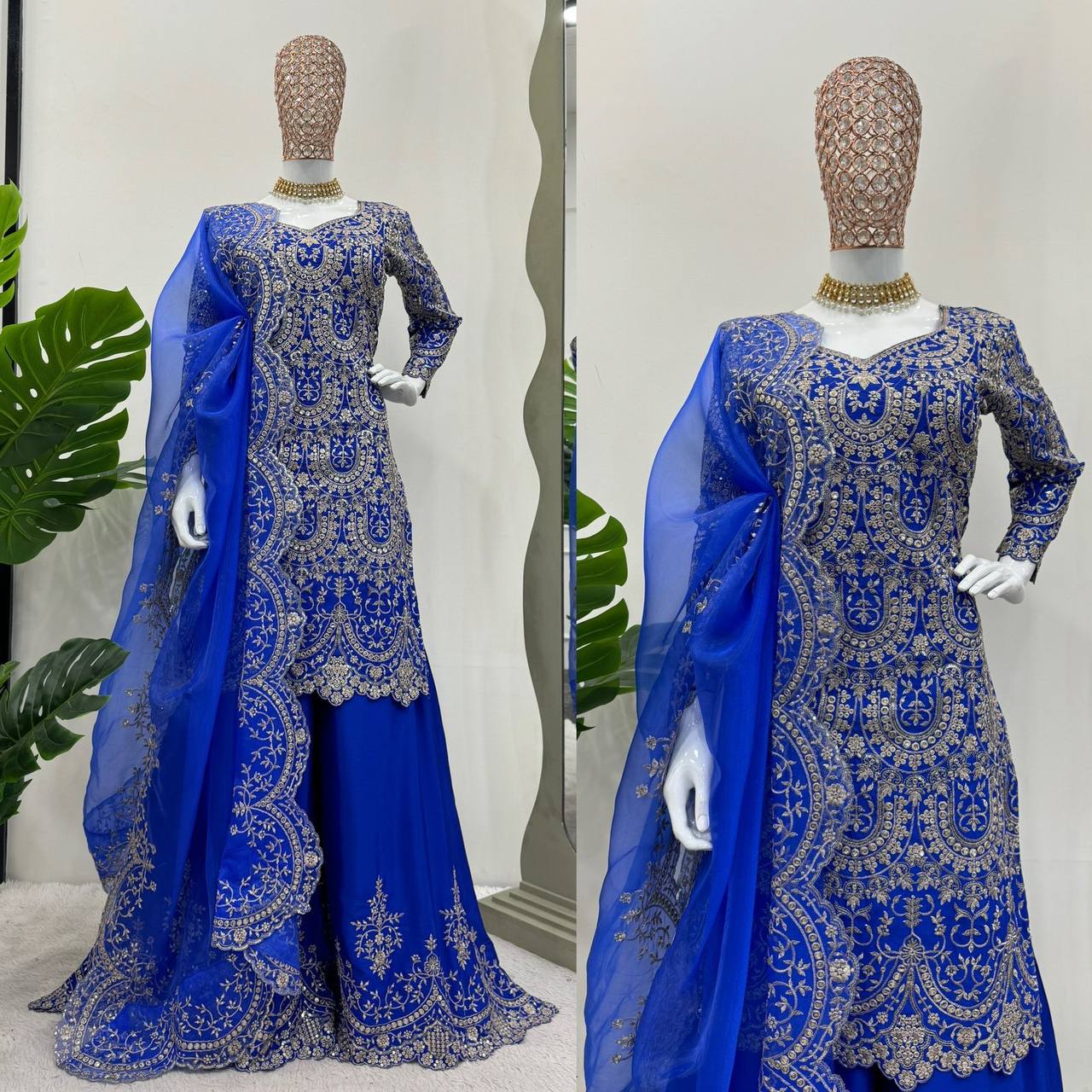 Designer Blue Colour Chinon Silk Fabric Thread Work Sharara Suit