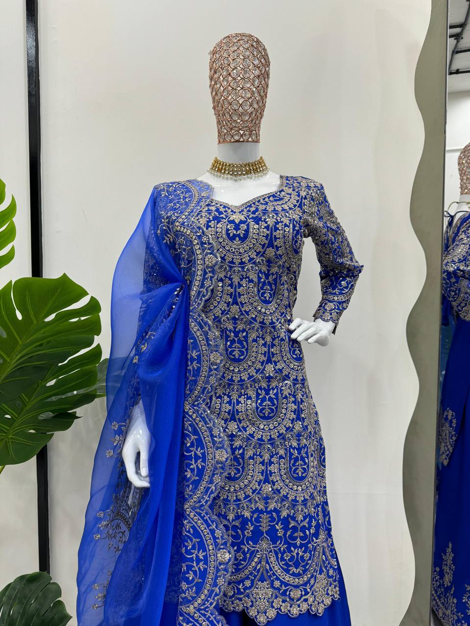 Designer Blue Colour Chinon Silk Fabric Thread Work Sharara Suit