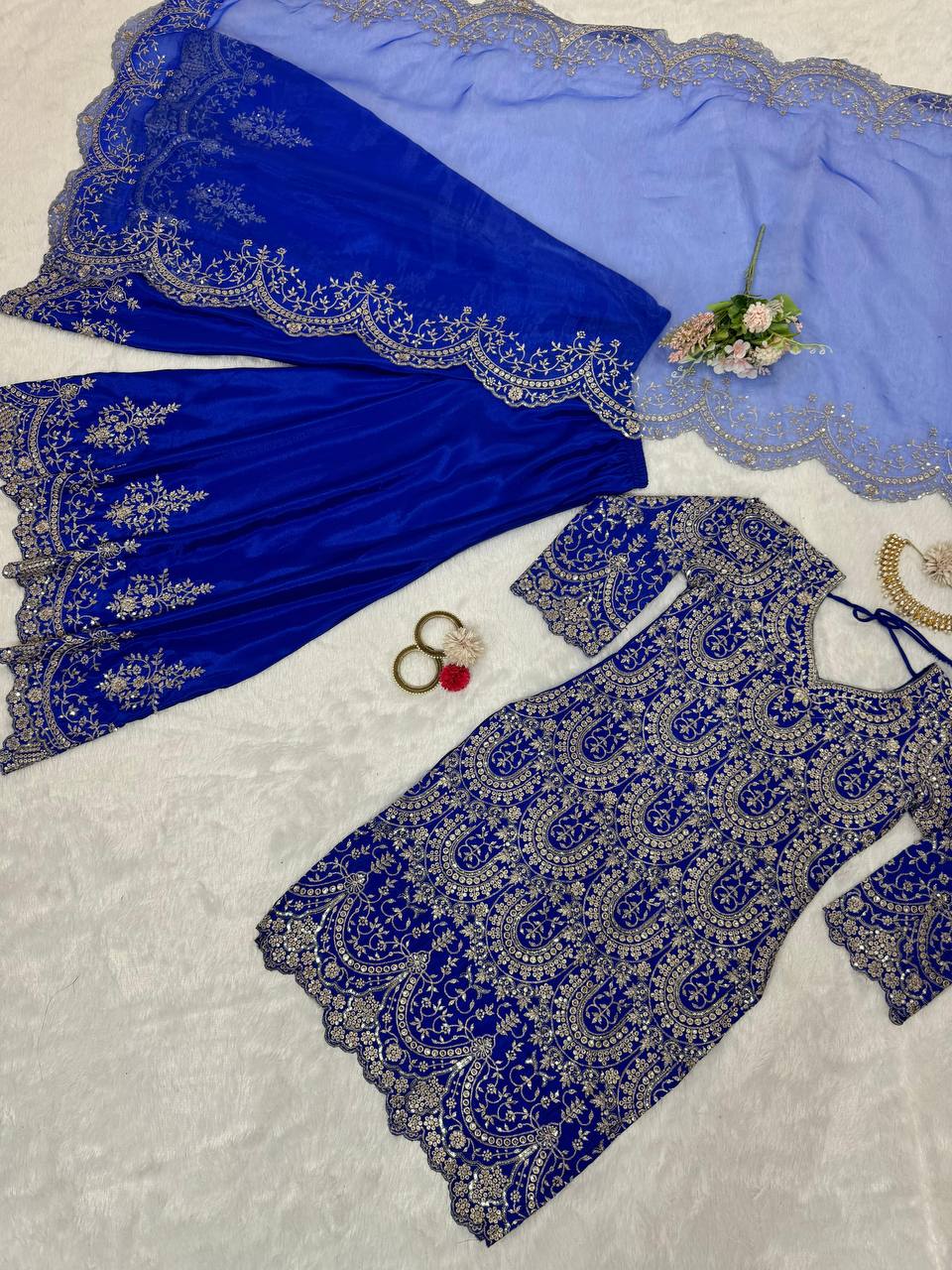 Designer Blue Colour Chinon Silk Fabric Thread Work Sharara Suit