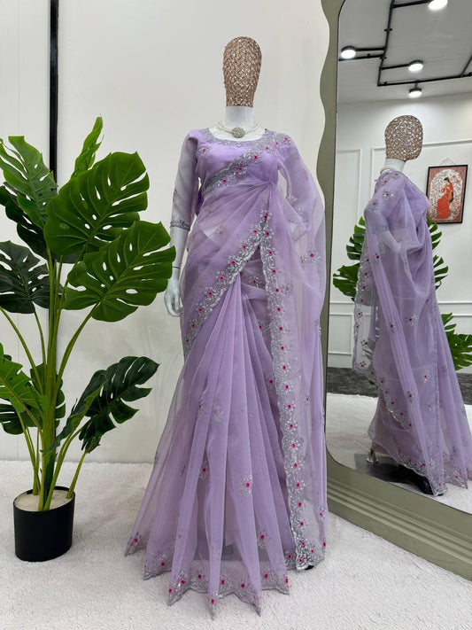 Attractive Purple Colour Organza Silk Thread Work Saree With Fully Stitched Blouse