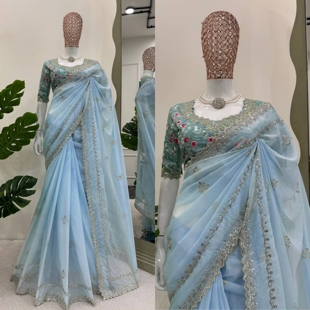 Beautiful Blue Colour Tabby Silk Fabric Thread Work Saree