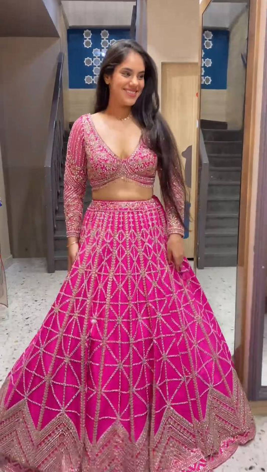 Attractive Pink Colour Georgette Fabric Thread Work Long Flair Lehenga Choli