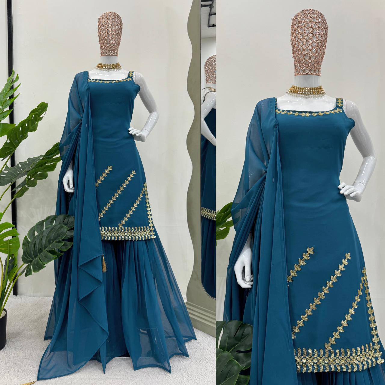 Beautiful Georgette Fabric Thread Work Sharara Suit