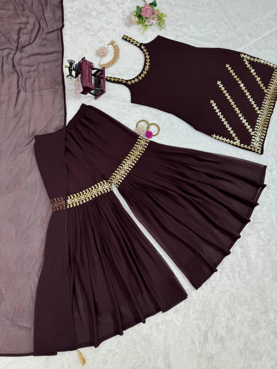 Beautiful Georgette Fabric Thread Work Sharara Suit