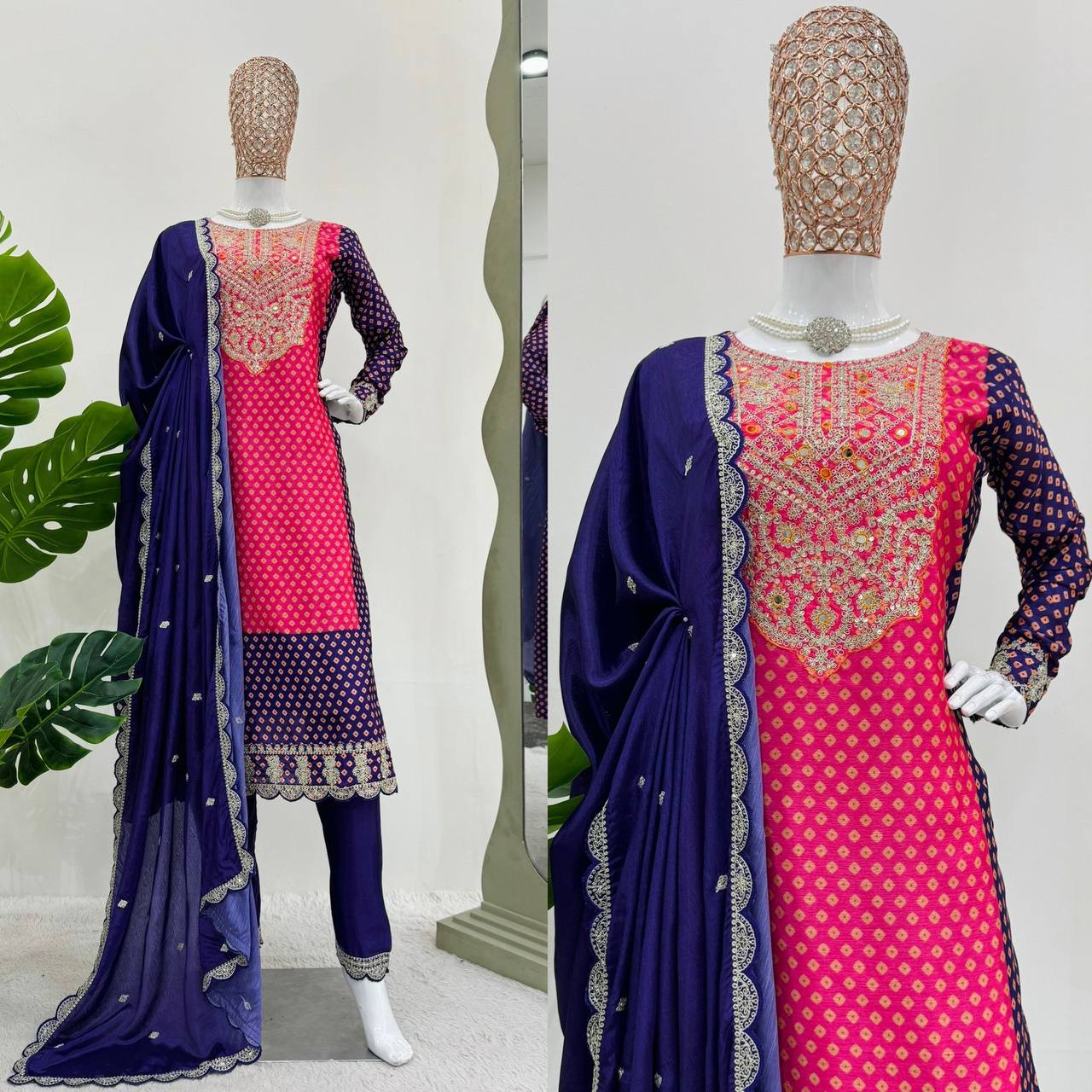 Designer Chinon Silk Fabric Digital Printing Work Fully Stitched Suit