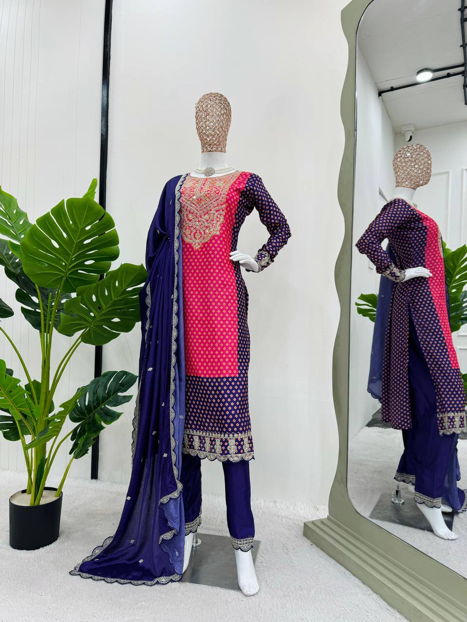 Designer Chinon Silk Fabric Digital Printing Work Fully Stitched Suit