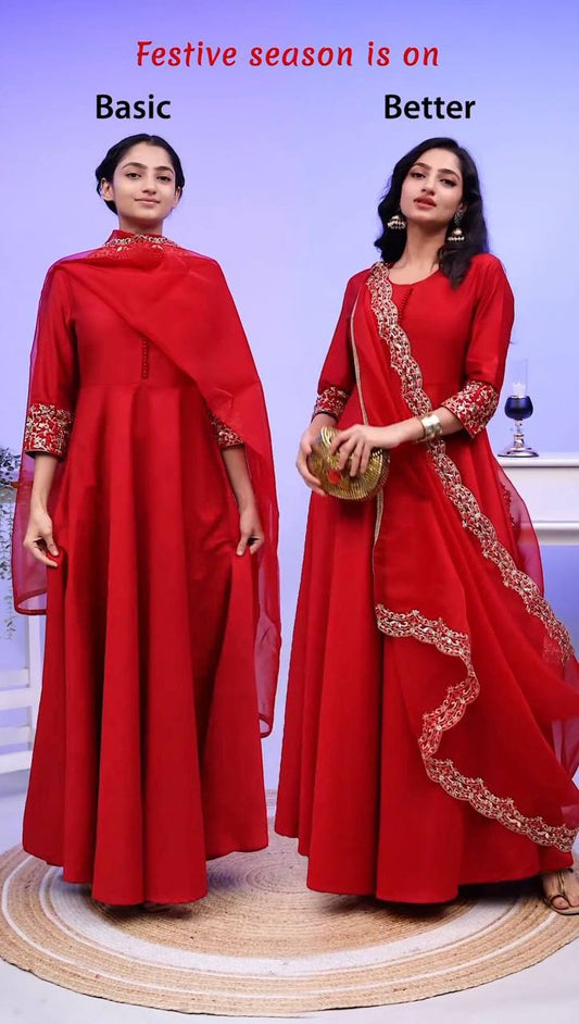 Beautiful Red Colour Tapeta Silk Fabric Fully Stitched Gown With Dupatta