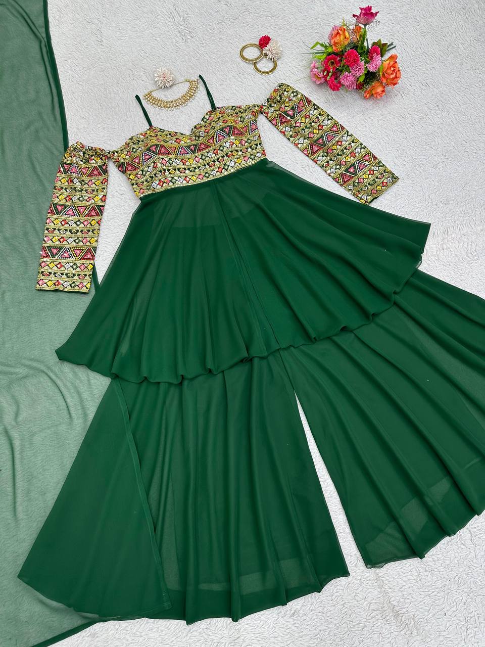 Beautiful Green Colour Georgette Fabric Thread Work Mehandi Function Wear