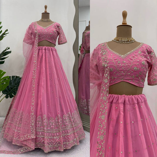 Beautiful Pink Colour Georgette Fabric Thread Work Lehenga Choli