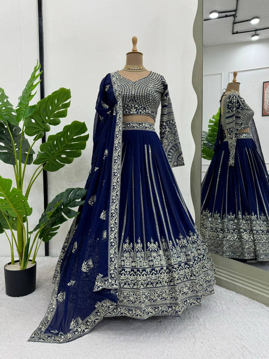 Navy Blue Georgette Sequins Heavy Embroidered Work Lehenga Choli