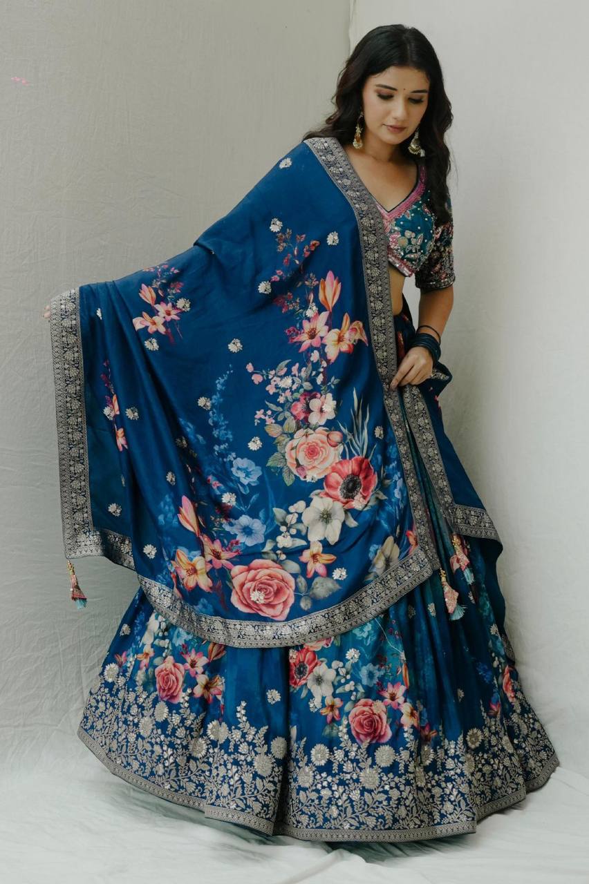 Wedding Wear Blue Color Georgette Print & Sequence Work Lehenga Choli