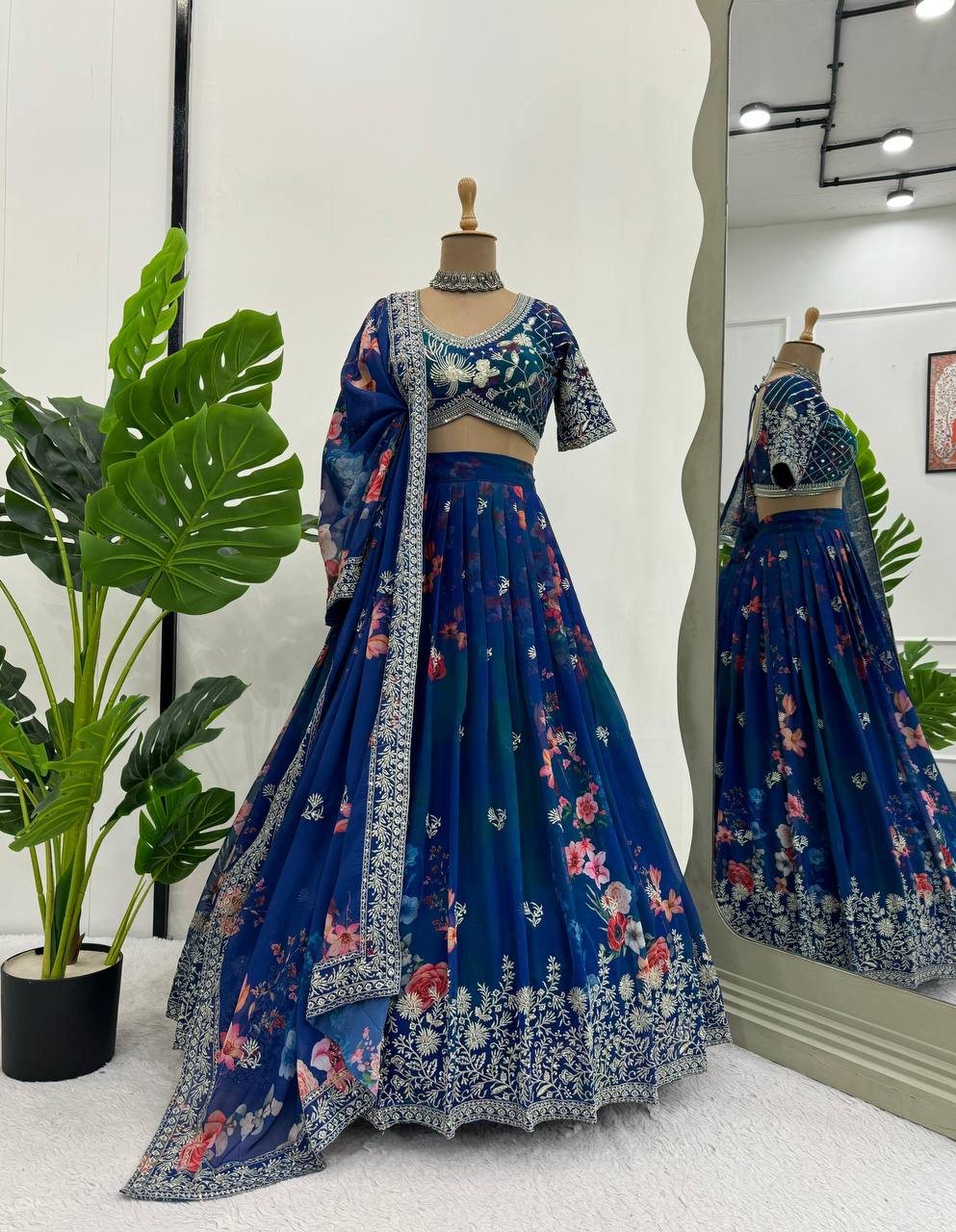 Wedding Wear Blue Color Georgette Print & Sequence Work Lehenga Choli