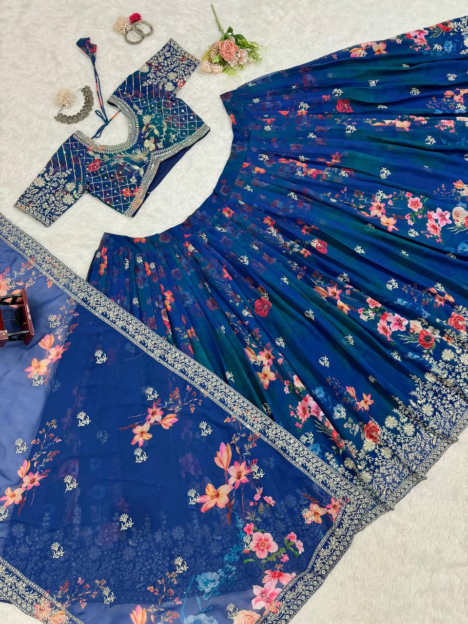 Wedding Wear Blue Color Georgette Print & Sequence Work Lehenga Choli