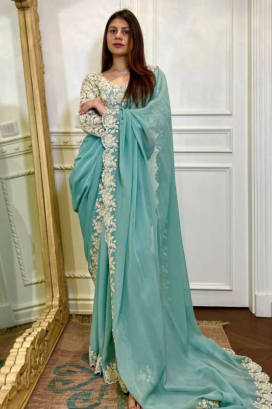 Attractive Georgette Fabric Coding And Sequnce With Real Mirror Work Saree