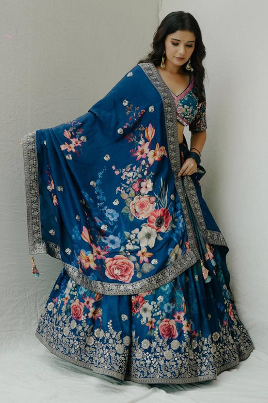 Wedding Wear Blue Colour Georgette Fabric Digital Print Thread Work Lehenga Choli