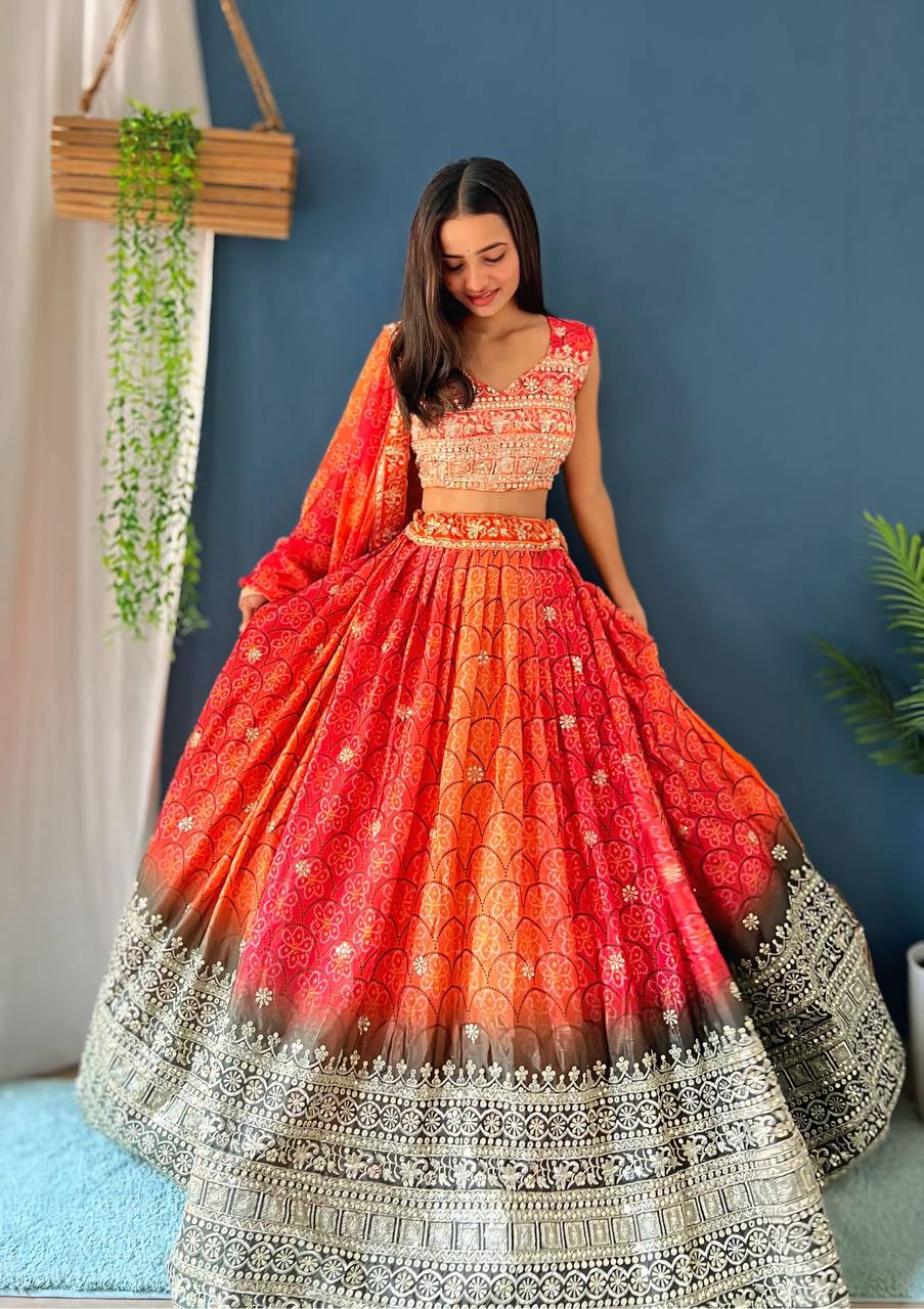 Beautiful Multi Colour Chinon Silk Fabric Digital Print With Embroidery Work Lehenga Choli