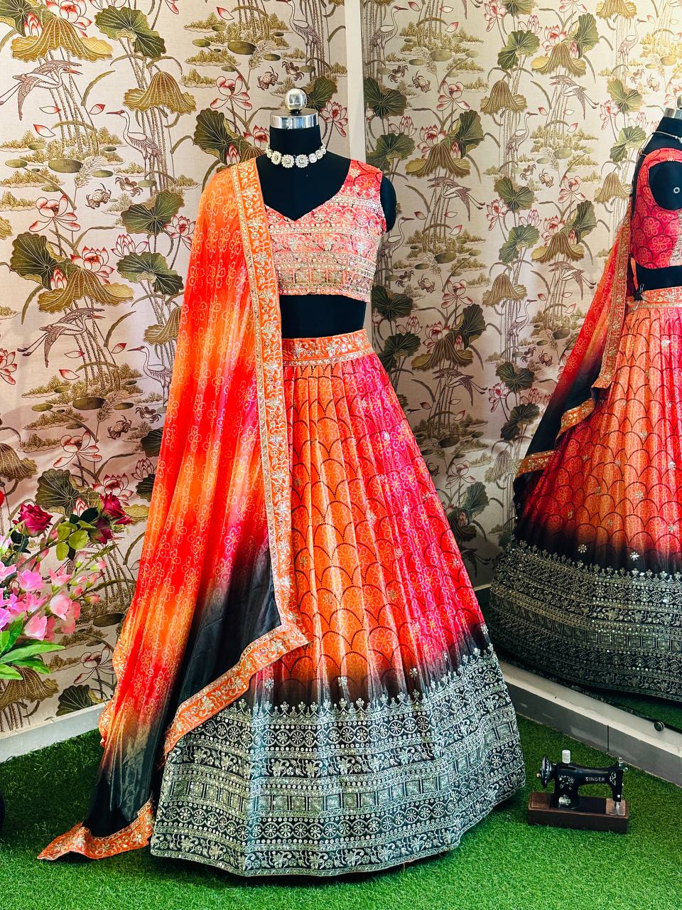 Beautiful Multi Colour Chinon Silk Fabric Digital Print With Embroidery Work Lehenga Choli