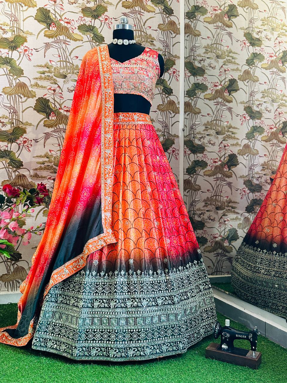 Beautiful Multi Colour Chinon Silk Fabric Digital Print With Embroidery Work Lehenga Choli