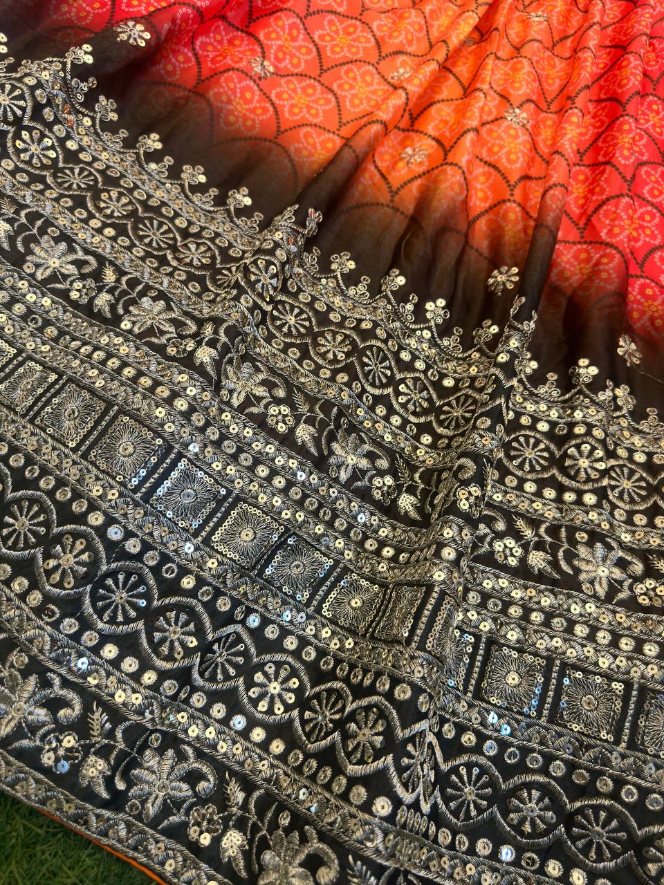 Beautiful Multi Colour Chinon Silk Fabric Digital Print With Embroidery Work Lehenga Choli