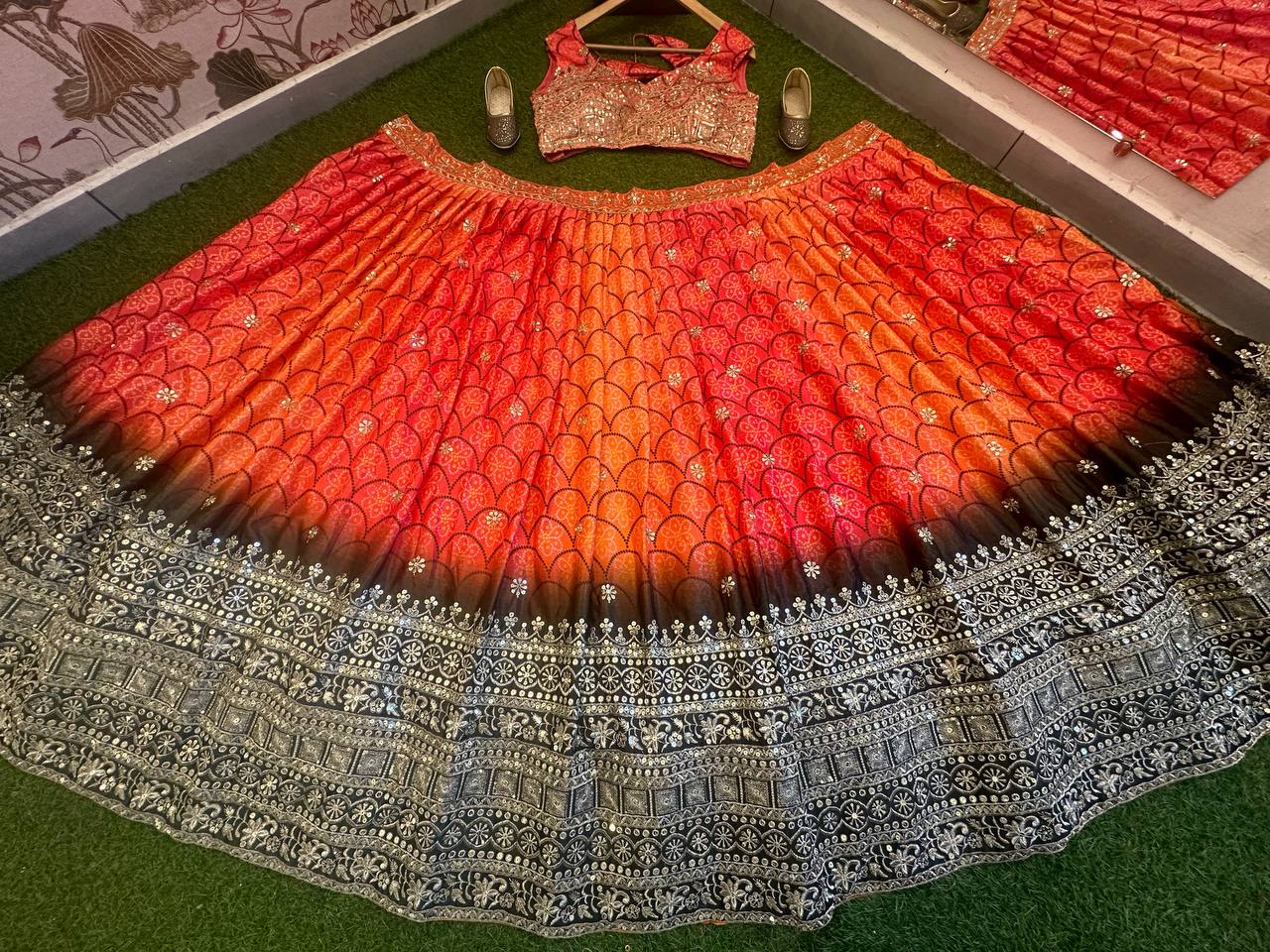 Beautiful Multi Colour Chinon Silk Fabric Digital Print With Embroidery Work Lehenga Choli