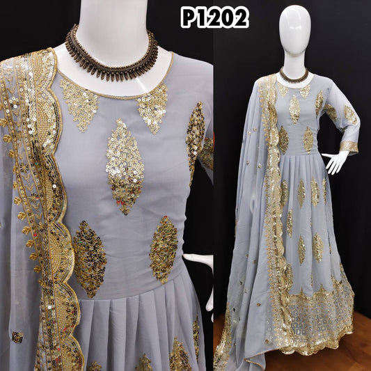 Fabulous Georgette Fabric Embroidery Sequence Zari Design Work Fully Stitch Gown