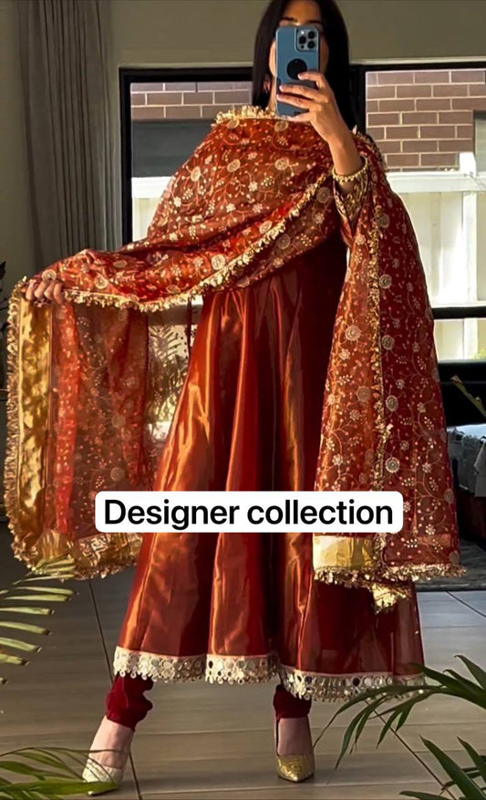 Designer Barbari Silk Fabric Gown Embroidery Sequence Design With Gota Satin Zalar Lace Border Dupatta