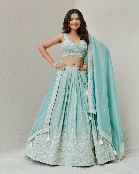 Sea Green Georgette Heavy Embroidered Wedding Lehenga Choli For Women