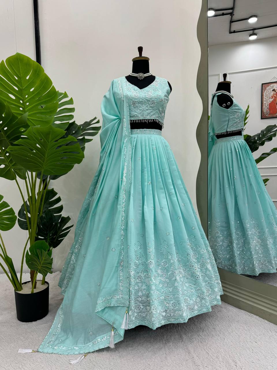 Sea Green Georgette Heavy Embroidered Wedding Lehenga Choli For Women