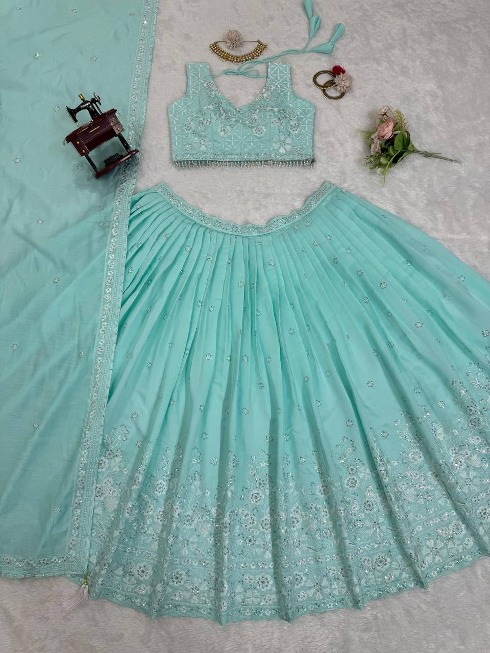 Sea Green Georgette Heavy Embroidered Wedding Lehenga Choli For Women