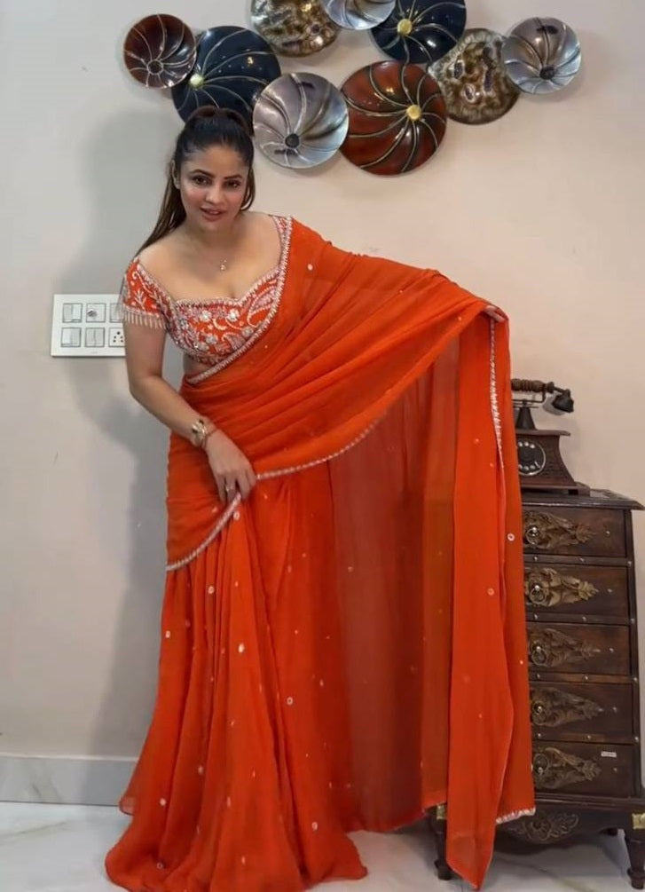 Orange Color Georgette Lehenga Saree