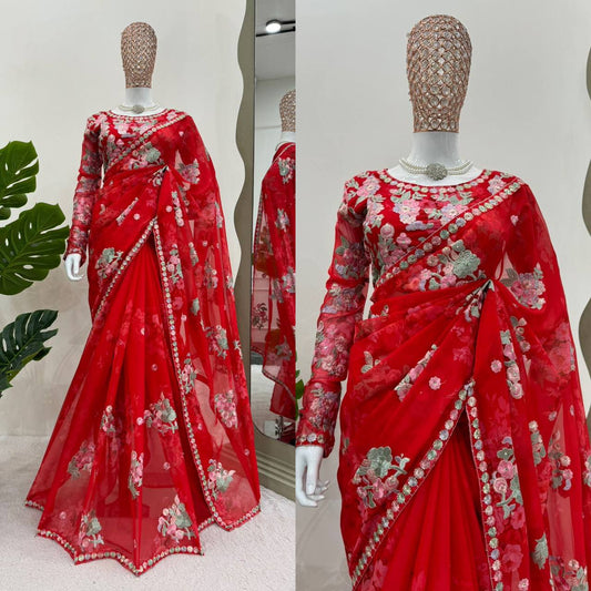 Heavy Georgette Thred And Sequnce Work With Digital Print Saree With Blouse