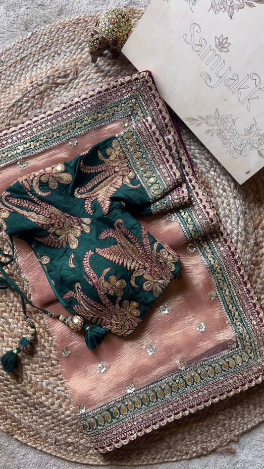 Twill Net Embroidary And Sequence Worked Saree And Blouse With Heavy Lace Border