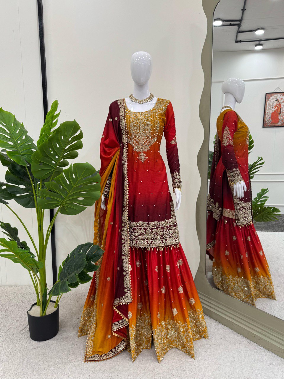 Wedding Wear Shaded Silk Stitched Sharara Suit