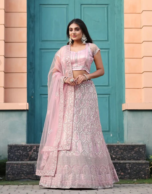 Pink Soft Net Embellished Glitter Dori Lehenga Choli With Dupatta