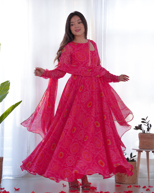 Pink Color Pure Chiffon Bandhej Work Fully Stitched Gown For Girls Wear