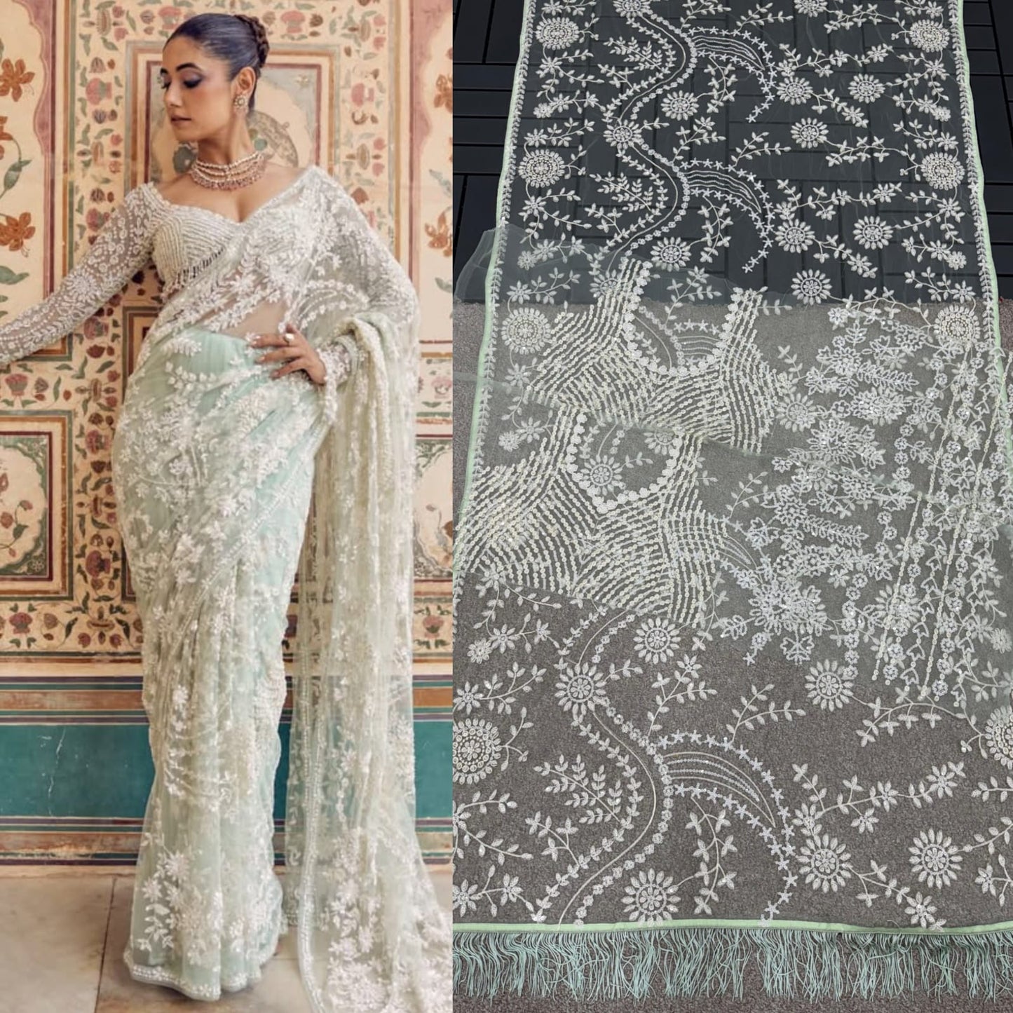 Bollywood Style Pista English Color Net Thread Work Saree