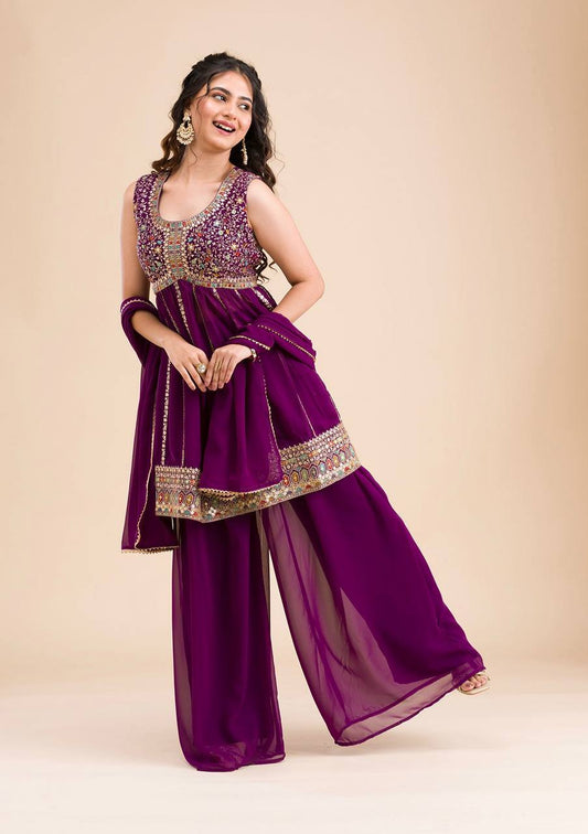 Wine Color Georgette Ready to Wear Plazo Suit