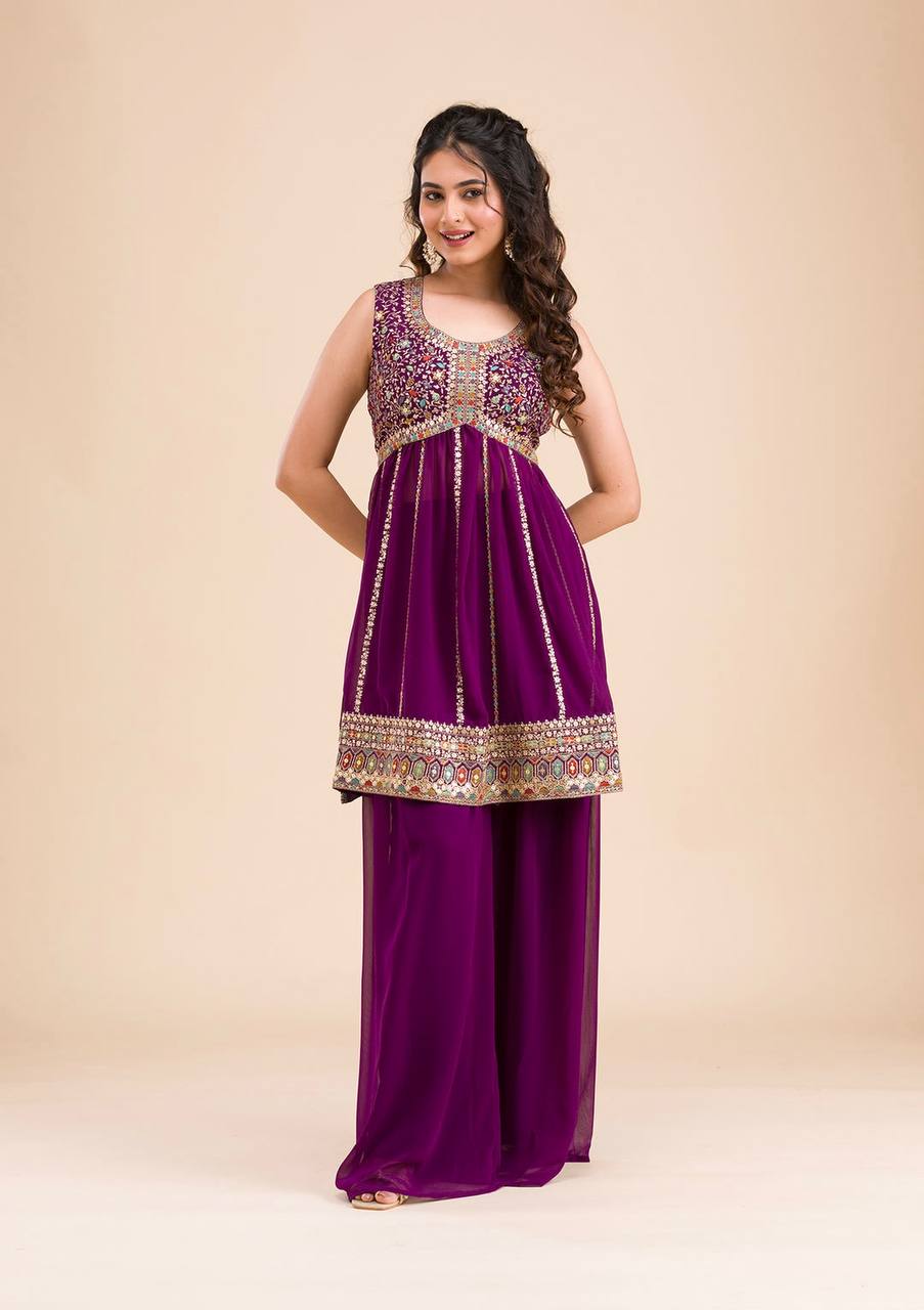 Wine Color Georgette Ready to Wear Plazo Suit