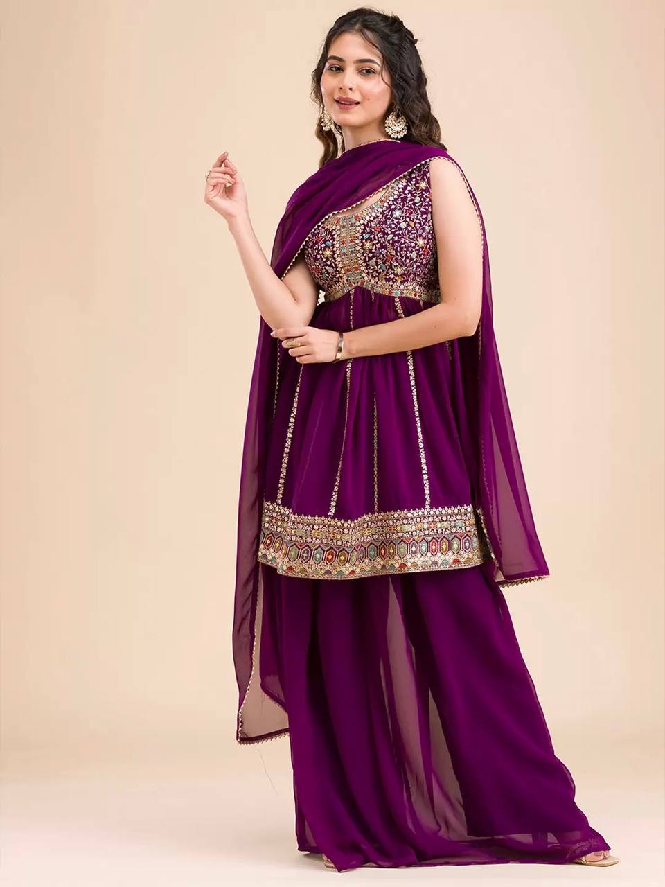 Wine Color Georgette Ready to Wear Plazo Suit