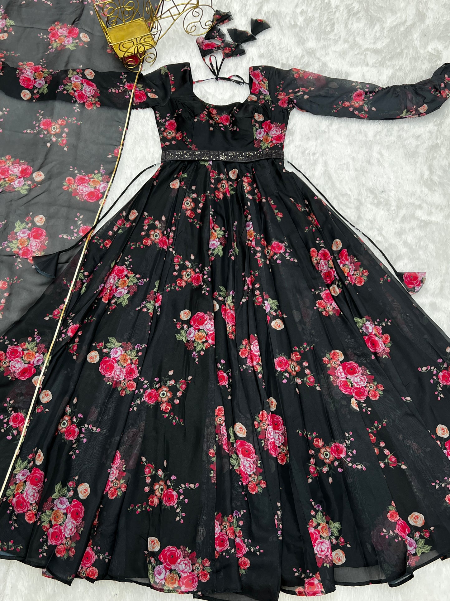 Beautiful Black Color Soft Organza Silk Printed Full Stitched Anarkali Gown Set