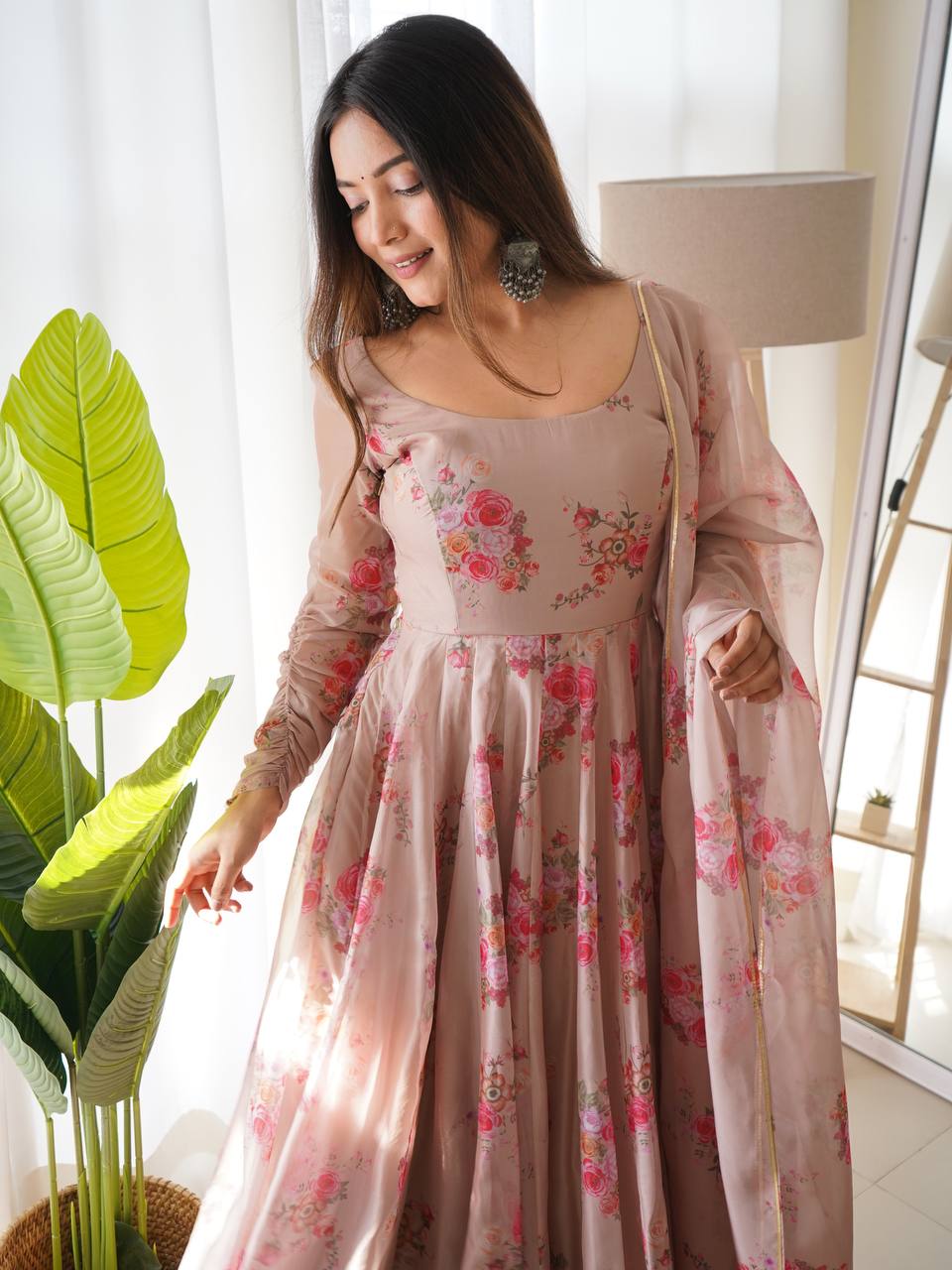 Pink Floral printed Anarkali with Embroidery and mirror work