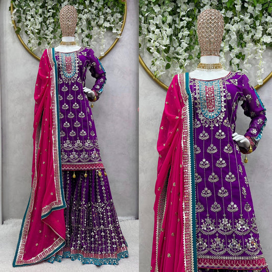 Purple Color Georgette Heavy Work Stitched Sharara Suit Set