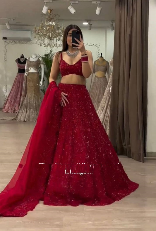 Party Wear Red Colour Chinon Silk Fabric Sequence Work Lehenga Choli