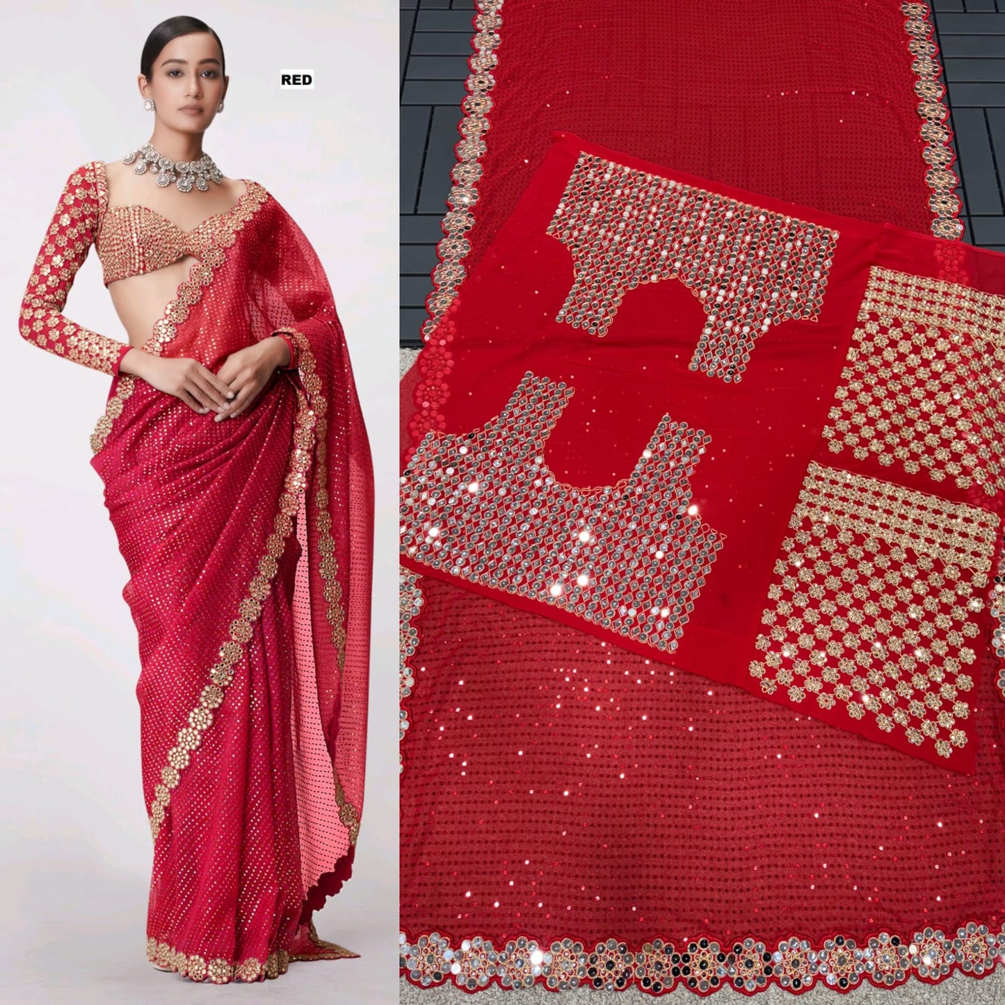 Onion Real Mirror Work Wedding Wear Saree