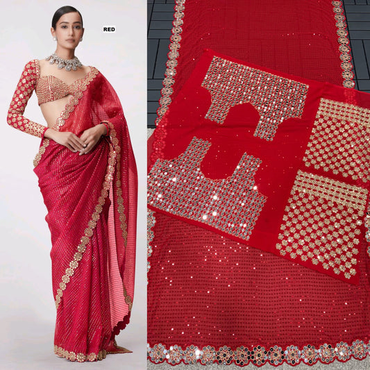 Red Real Mirror Work Wedding Wear Saree Blouse