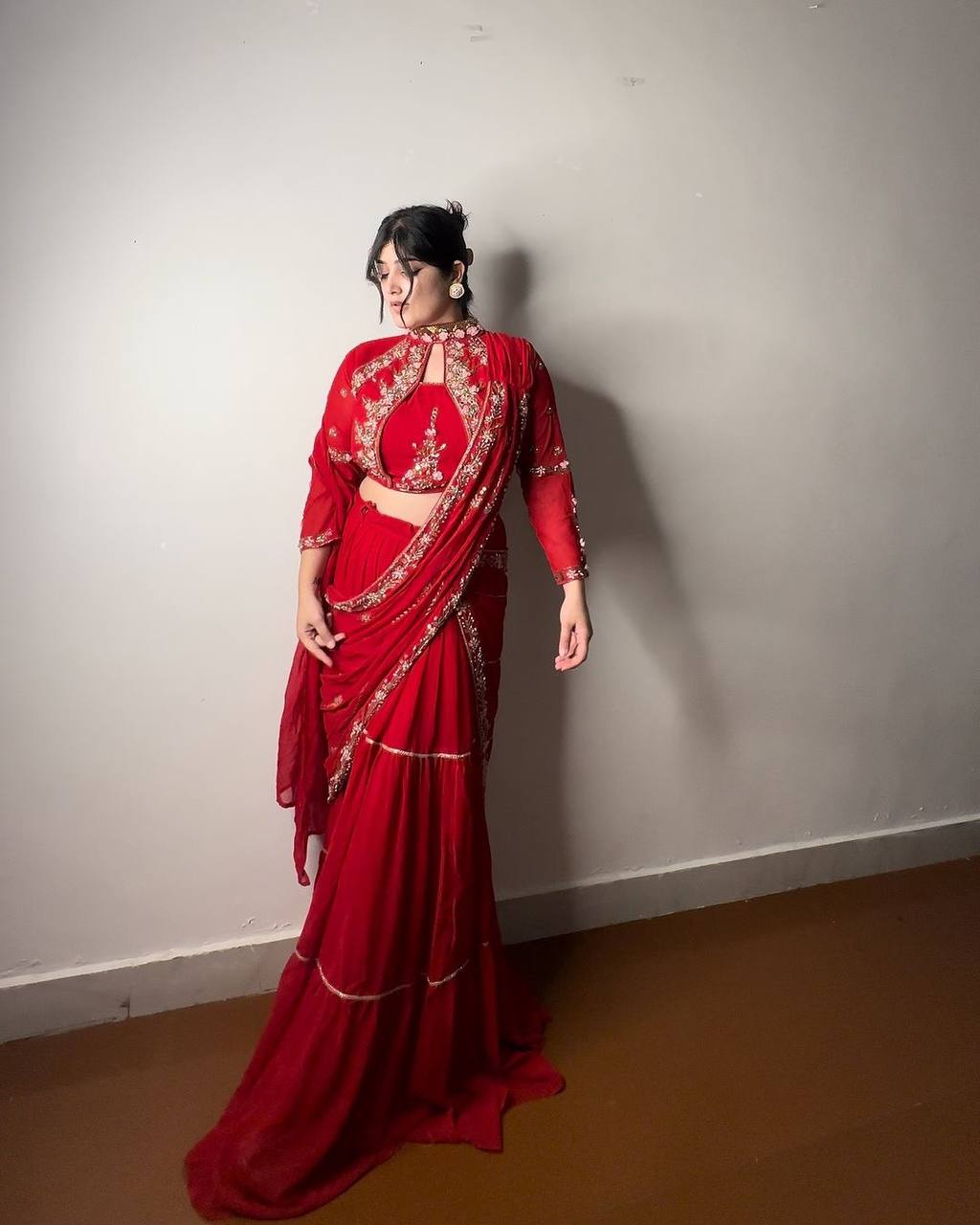 Red Georgette Stitched Lehenga Saree